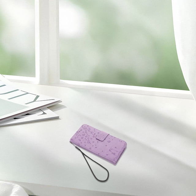 Raindrops Decorative Purple Flip Case for Cell Phone with Cherry Blossom Cat Design and Built in Card Slots