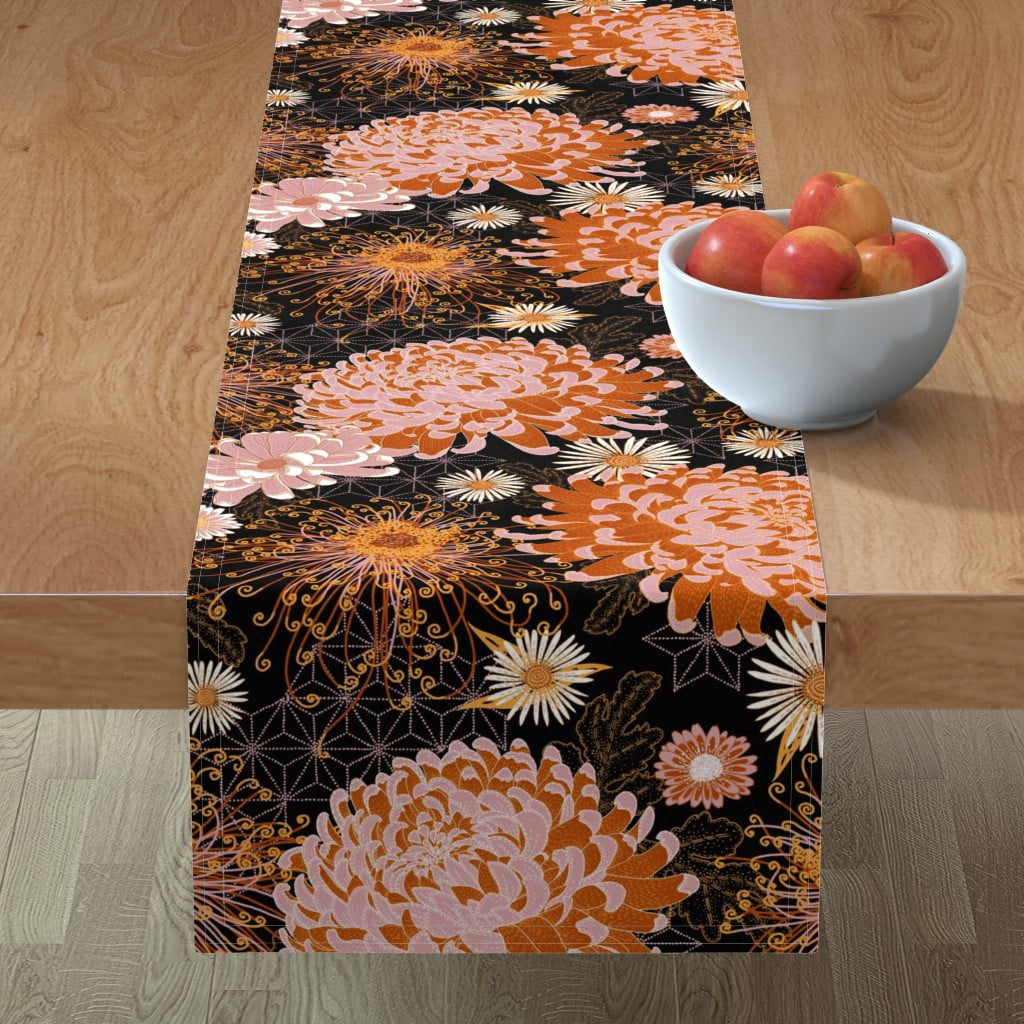 Table Runner Autumn Fall Flowers Fall Leaves Thanksgiving Table Cotton Sateen 