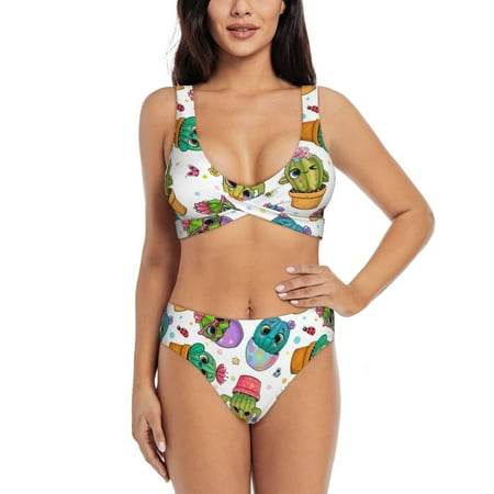 Zeuib Cactus And Insects High Waisted Tummy Control Bikini Set - Knot Front Push Up Top & Cheeky Thong Bottom  Two-Piece Swimsuit for Women-XX-Large