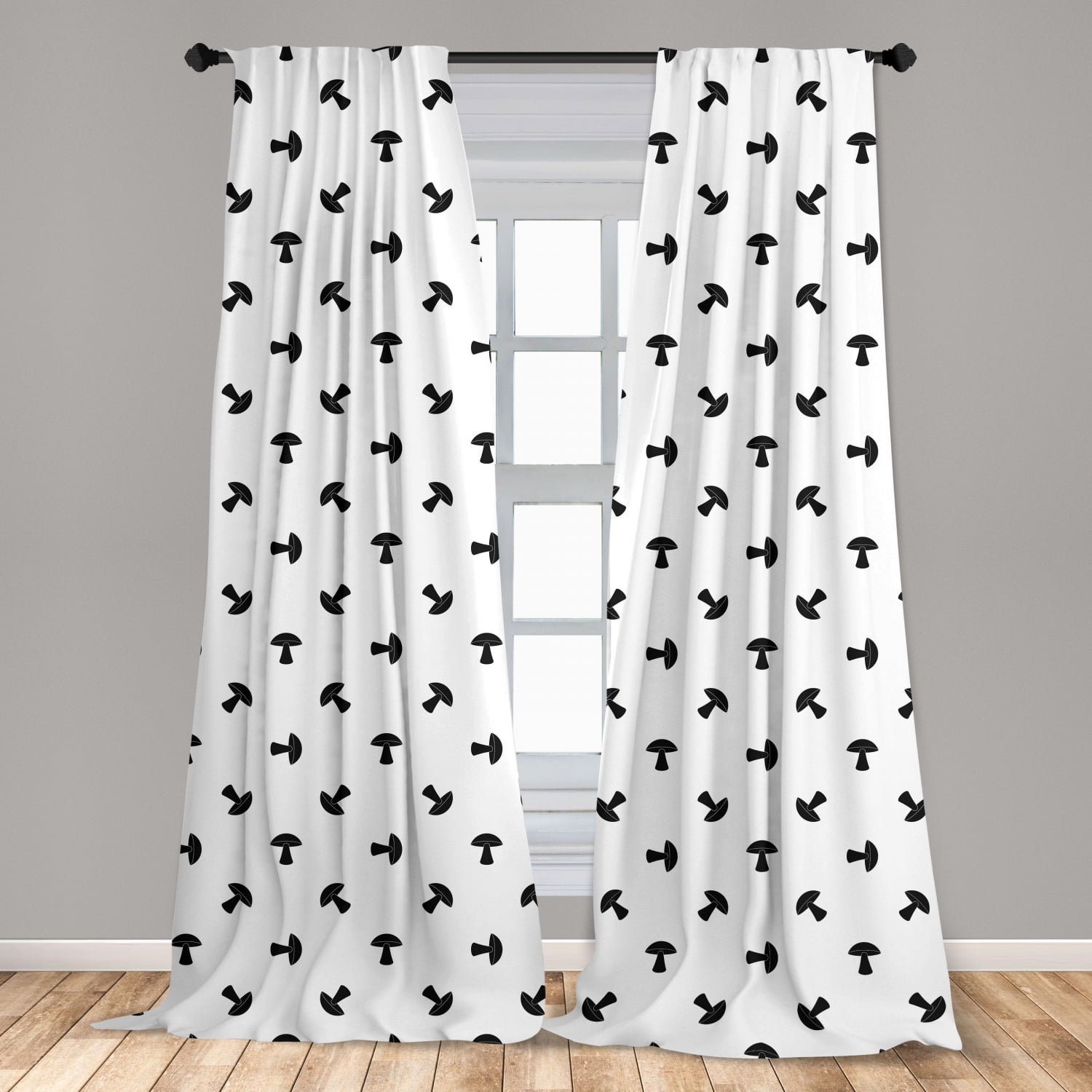 Mushroom Curtains 2 Panels Set, Modern Birch Mushrooms in Black Color ...