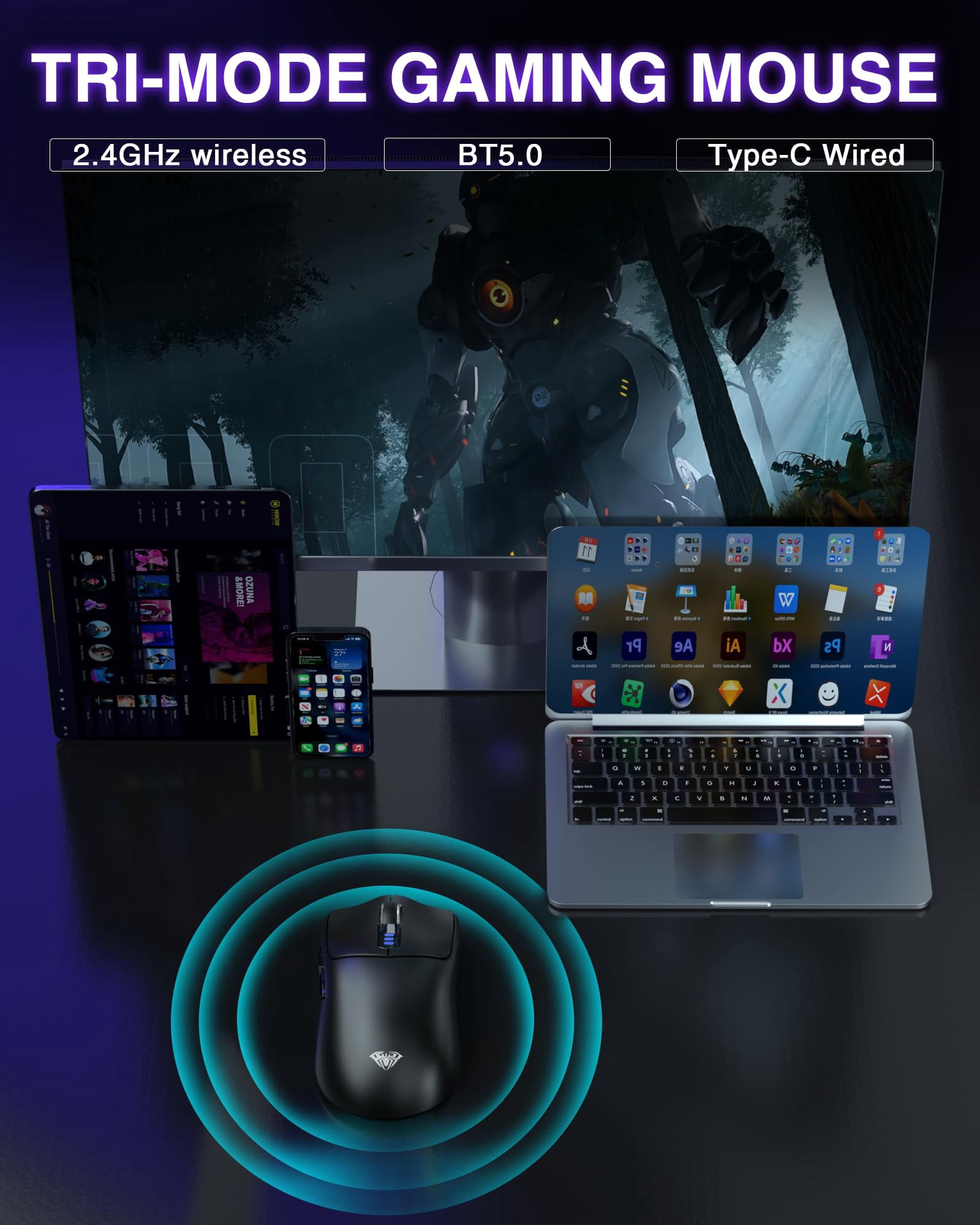 Sc580 Wireless Gaming Mouse  Tri-mode 2.4g/bt5.0/usb-c 12000 Dpi Rechargeable With 6 Buttons Computer For Laptop/pc/mac/tablet
