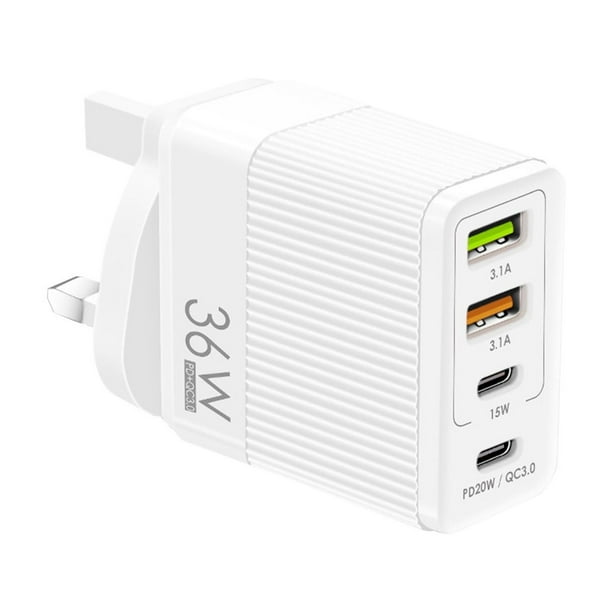 Cargador rápido de 36 W para teléfonos móviles, 5 V/4 A, adaptador europeo y británico con 2 puertos PD + 2 USB, cabezal de carga