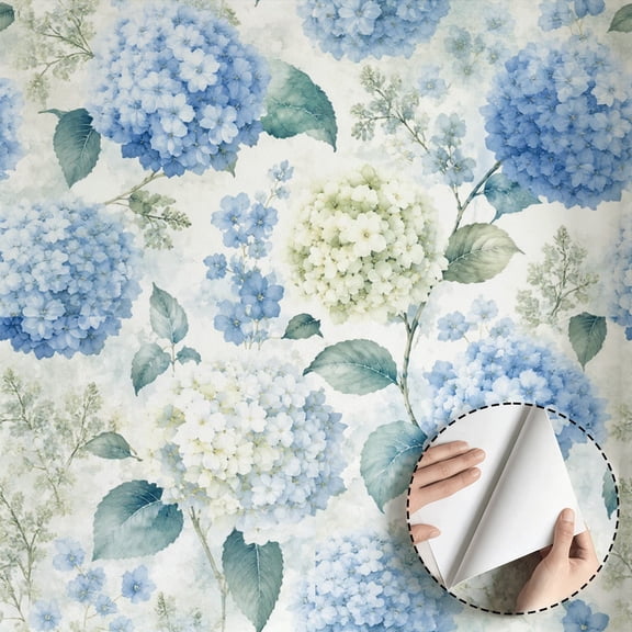 Blue Hydrangea Floral Wallpaper Vintage Farmhouse Style Peel and Stick Waterproof Wall Decoration for Living Room Bedroom Bathroom Kitchen Cabinet Drawer 17.7 * 78.5 in Contact Paper Decor
