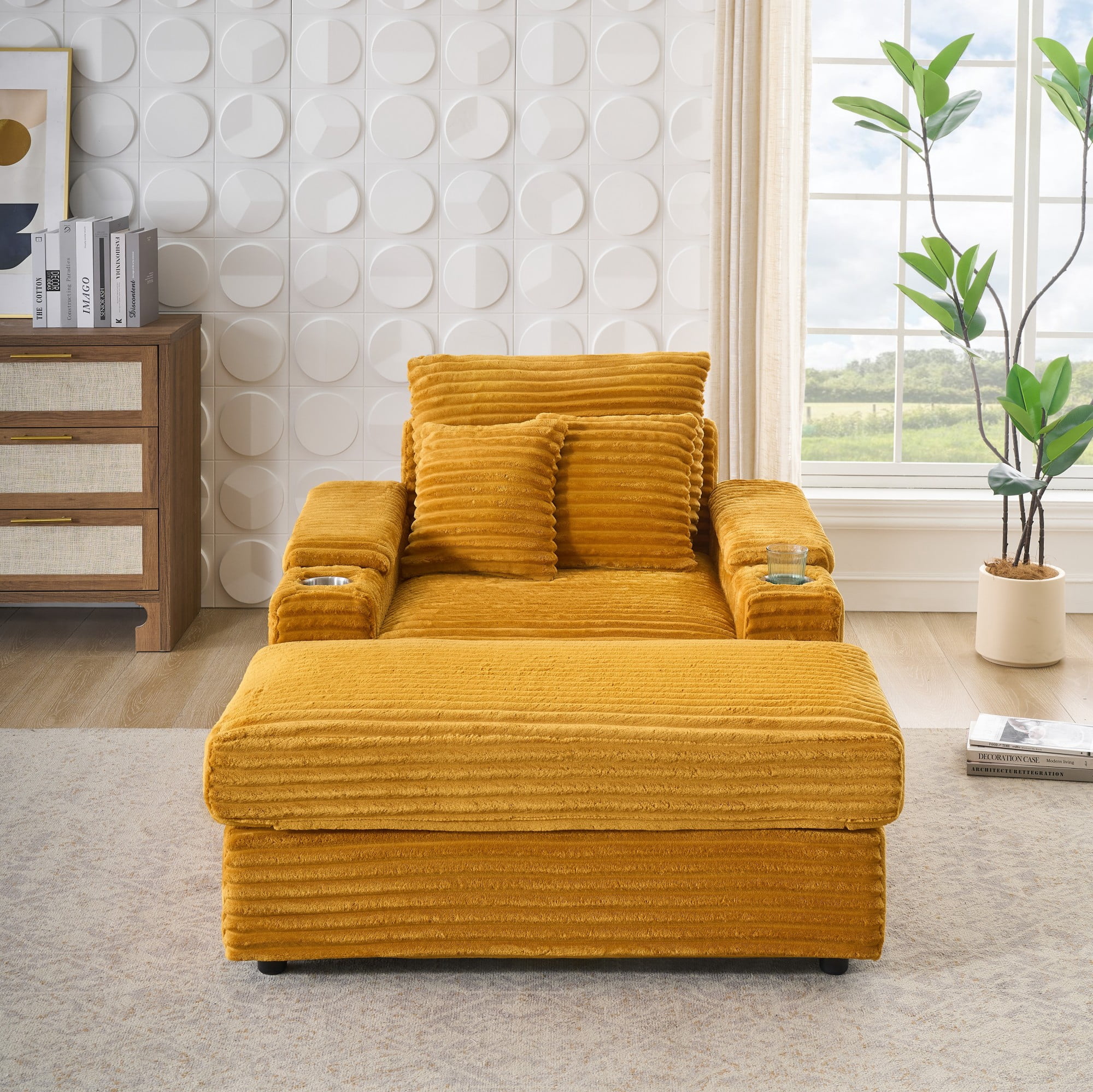 Chaise Lounge Chair,Corduroy Upholstered Sofa Bed with 3 Throw Pillows,Sleeper Reading Chair for Living Room,Bedroom,Orange