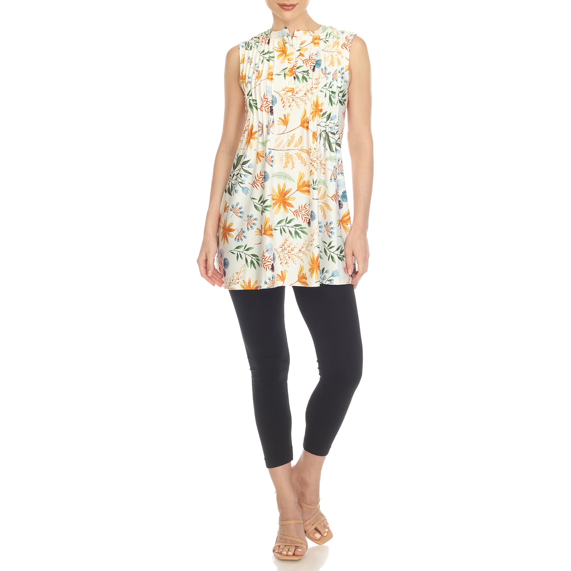 White Mark Women's Sleeveless Floral Pleated Tunic Top with Pockets