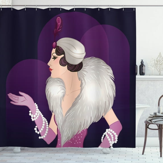 Retro Shower Curtain, Vintage Portrait of Young Lady with Fluffy Fur and Pearls Fashion Glamor Pink Gloves, Fabric Bathroom Set with Hooks, 69W X 84L Inches Extra Long, Multicolor, by Ambesonne
