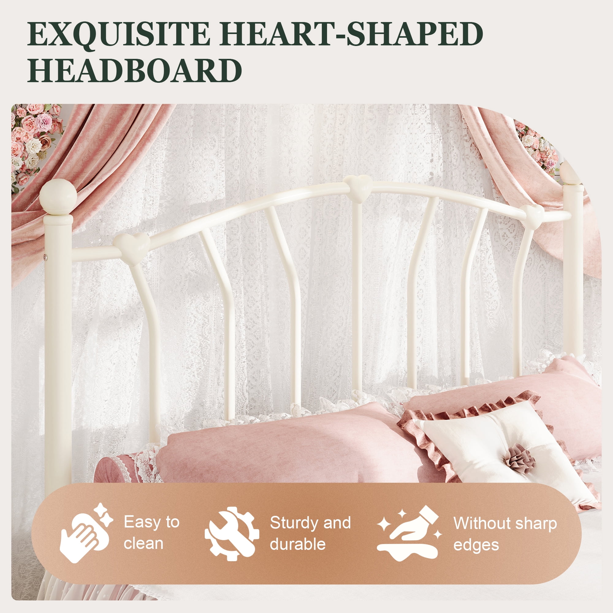 Amolife Full Bed Frame, Metal Platform Bed with Heart-Shaped Headboard and Footboard, 12.6'' Under-Bed Storage Space, No Box Spring Needed, Cream White