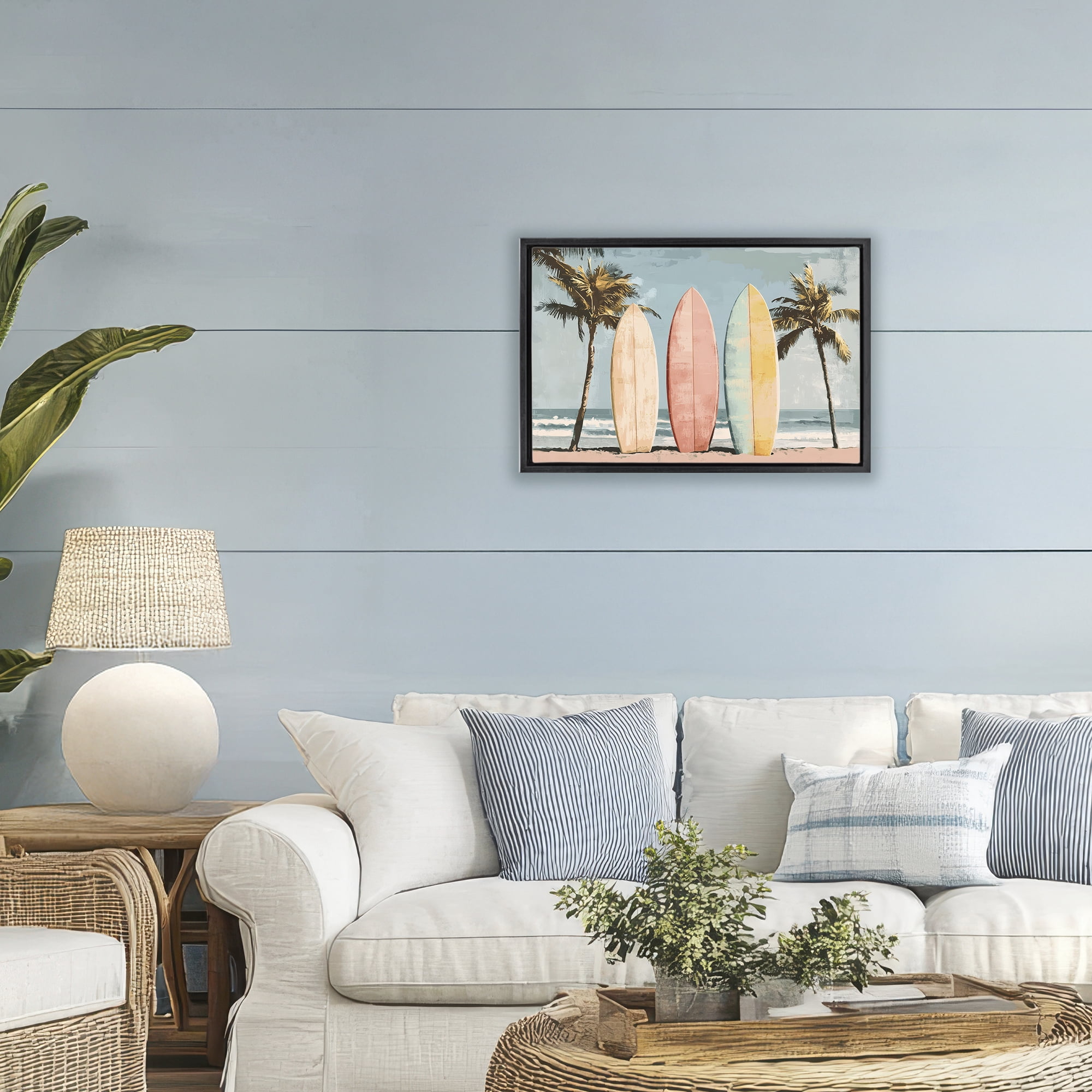 Stupell Industries Paradise Surfboard Trio Black Framed Floater Canvas Wall Art, design by Petal Prints Design