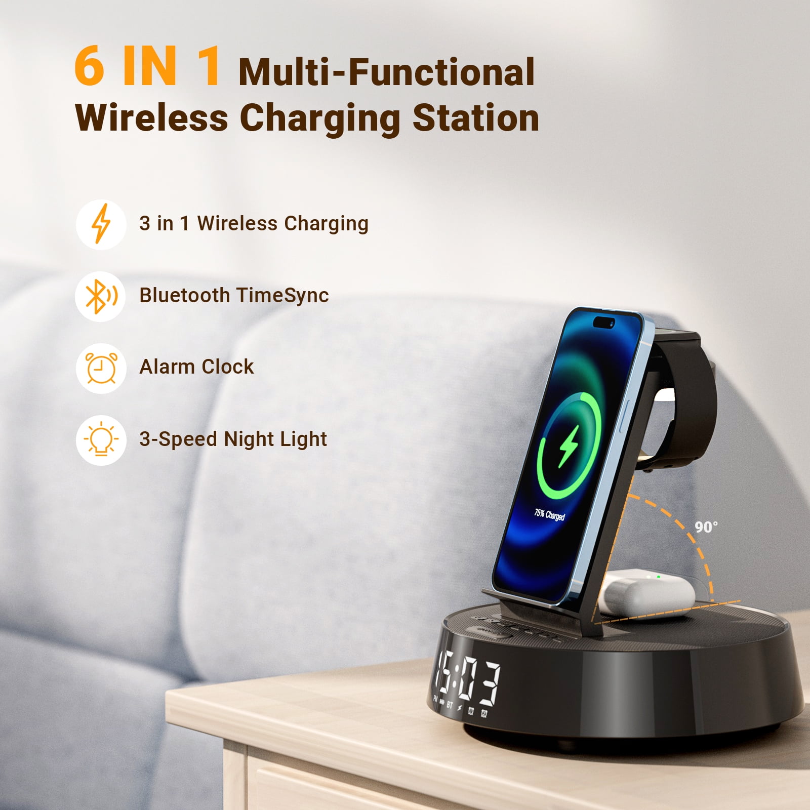 7-in-1 Wireless Charging Station For iPhone, Apple Watch, AirPods & Bluetooth Speaker Alarm Clock Dimmable Night Light Black