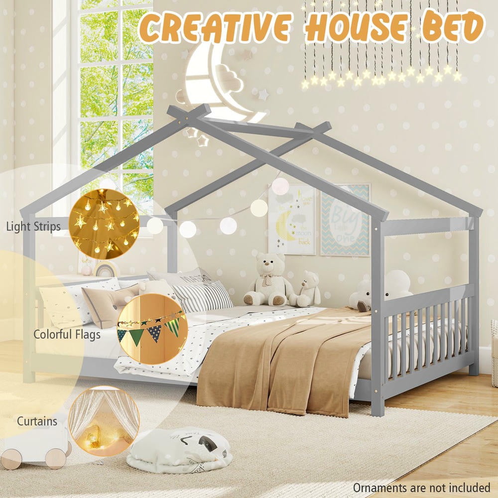 Barara King Full Size House Bedroom Bed Frame with Headboard, Montessori Floor Bed Platform Frame for Apartment, Bedroom, Gray