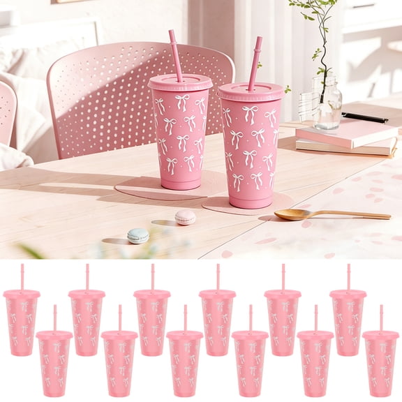 Fkszll 12 Pcs Pink Bow Plastic Cups with Lids and Straws 24 oz Reusable Bow Tumbler Cute Drinking Coffee Cup for Birthday Wedding Party Supplies,Pink