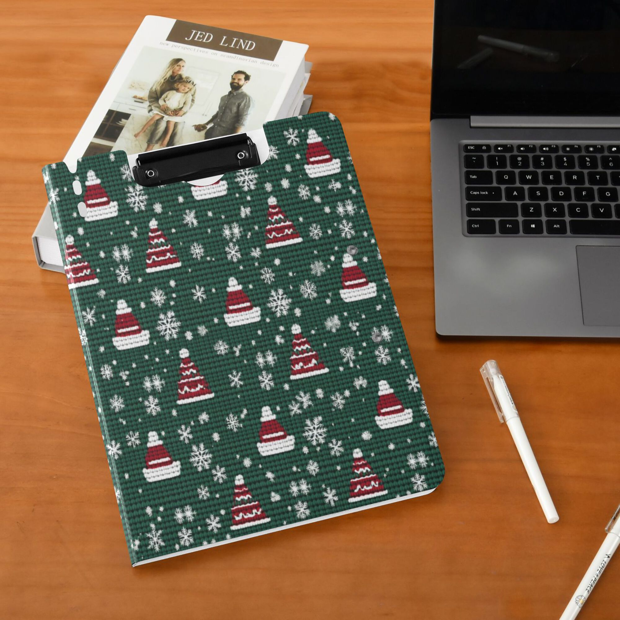 FORMRS A4 Clipboard Folder with Pen Holder Horizontal Foldable School Office Binder, Red Christmas Trees