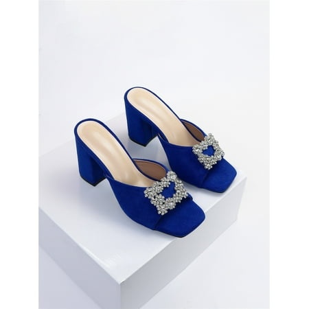 

Rhinestone Decor Chunky Heeled Faux Suede Mule Sandals Women‘s Footwear
