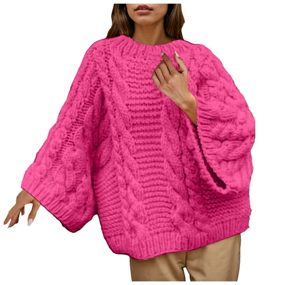 GEWSEY Women's Oversized Cable Knit Sweaters Crewneck Pullover Loose Long Sleeves Ribbed Slouchy Tunic Tops (Red, S)