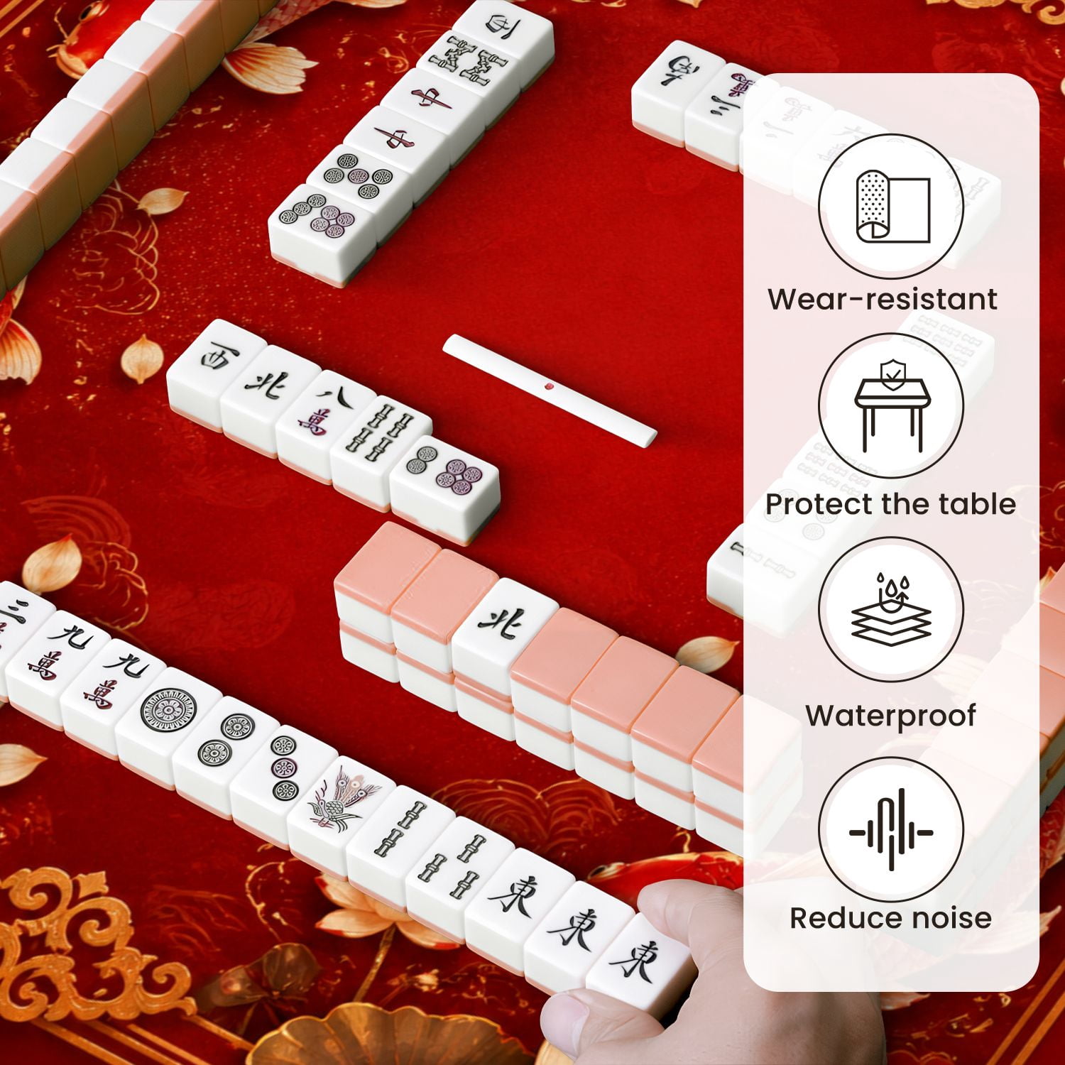 Mahjong Mat 31.5" x 31.5" Red Gold Fish Lotus Flowers Non-Slip Noise Reduction Mahjong Tiles Table Cover for Dominoes Poker Card Board and Tile Games