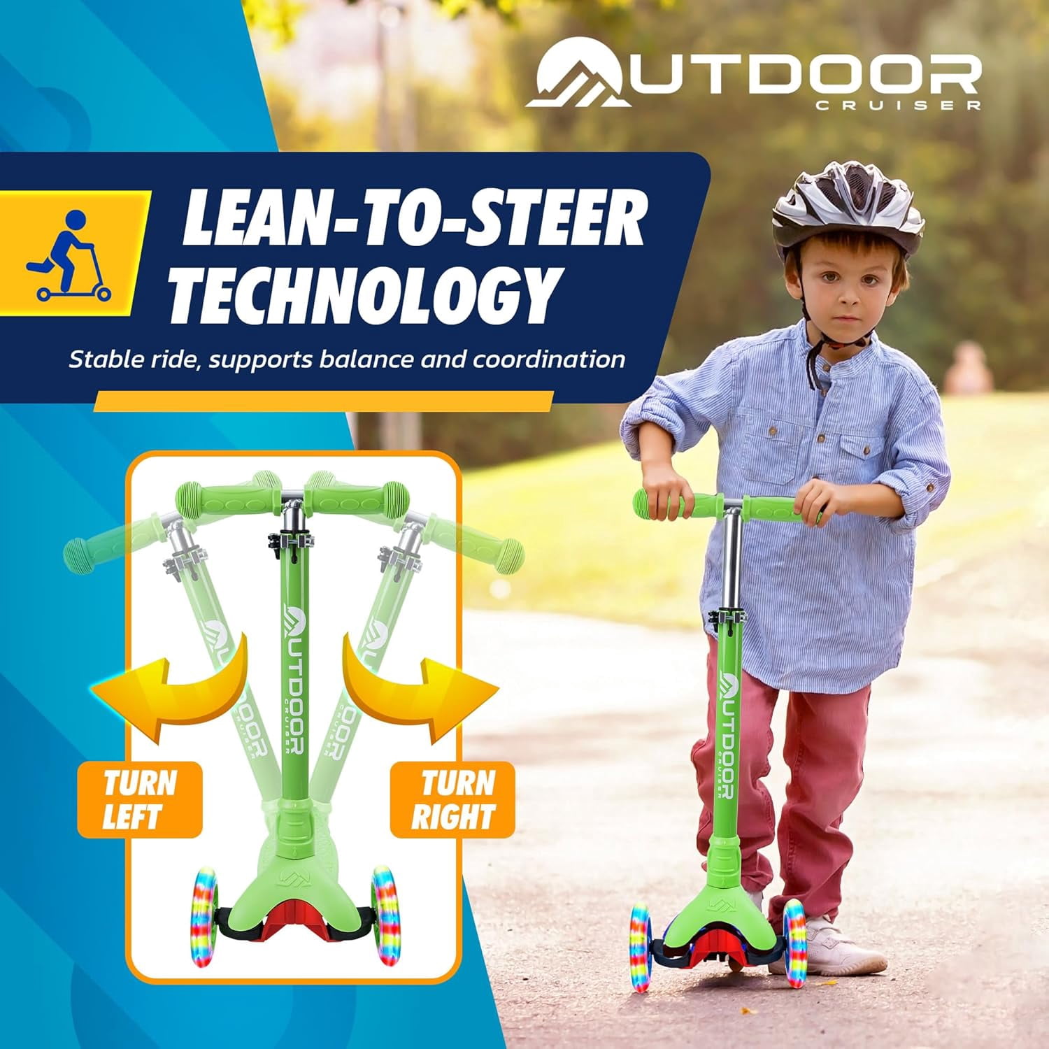 OutdoorCruiser Green 3-Wheel Kids Scooter – Lean-to-Steer, Wide Deck, LED Wheels, Adjustable T-Bar, 150 lbs Capacity