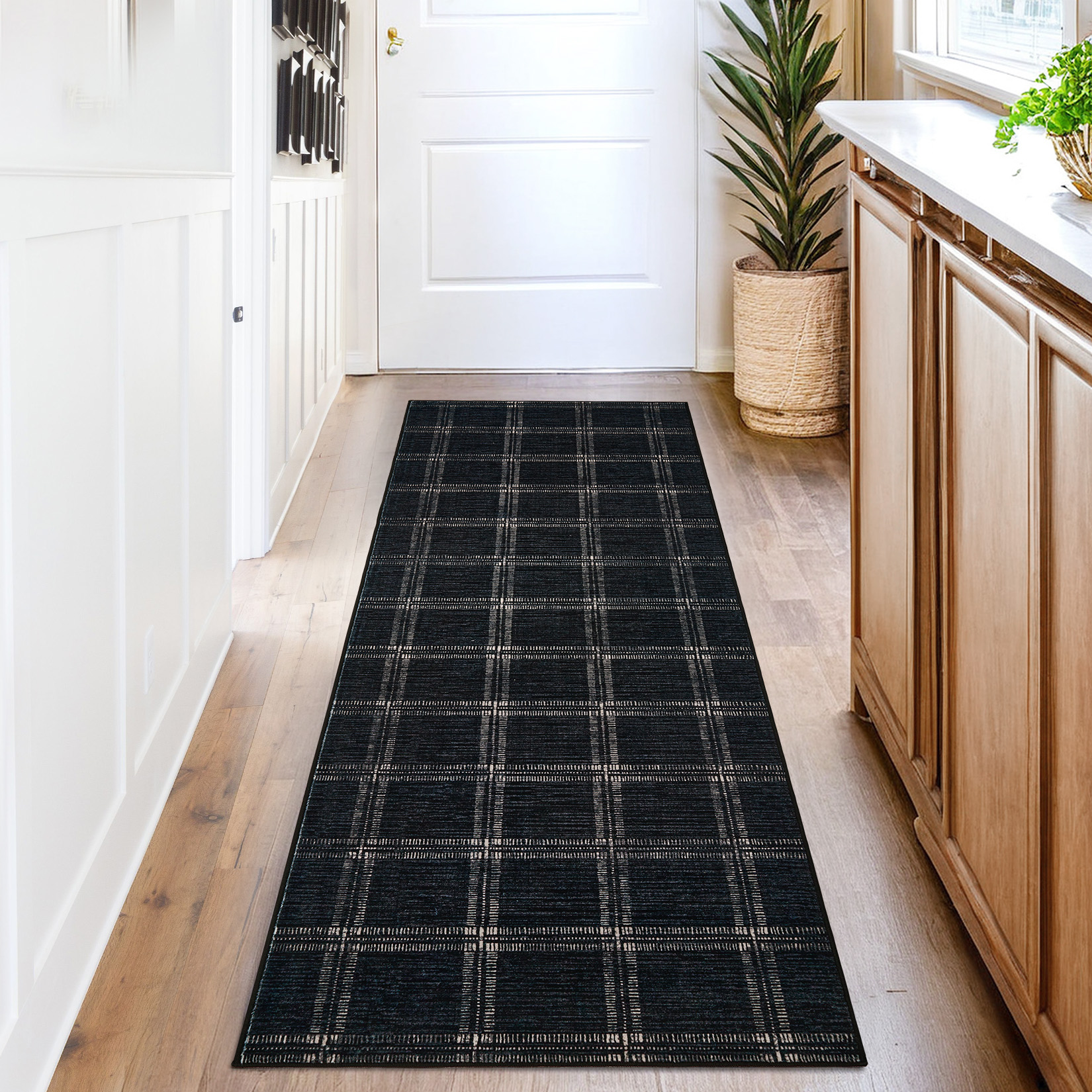 Garvee 2'x6' Runner Rug Modern Striped Geometric Carpet, Washsble Plaid Rug Non Slip Stain Resistant Indoor Floor Mats for Hallway Bedroom Kitchen, Black