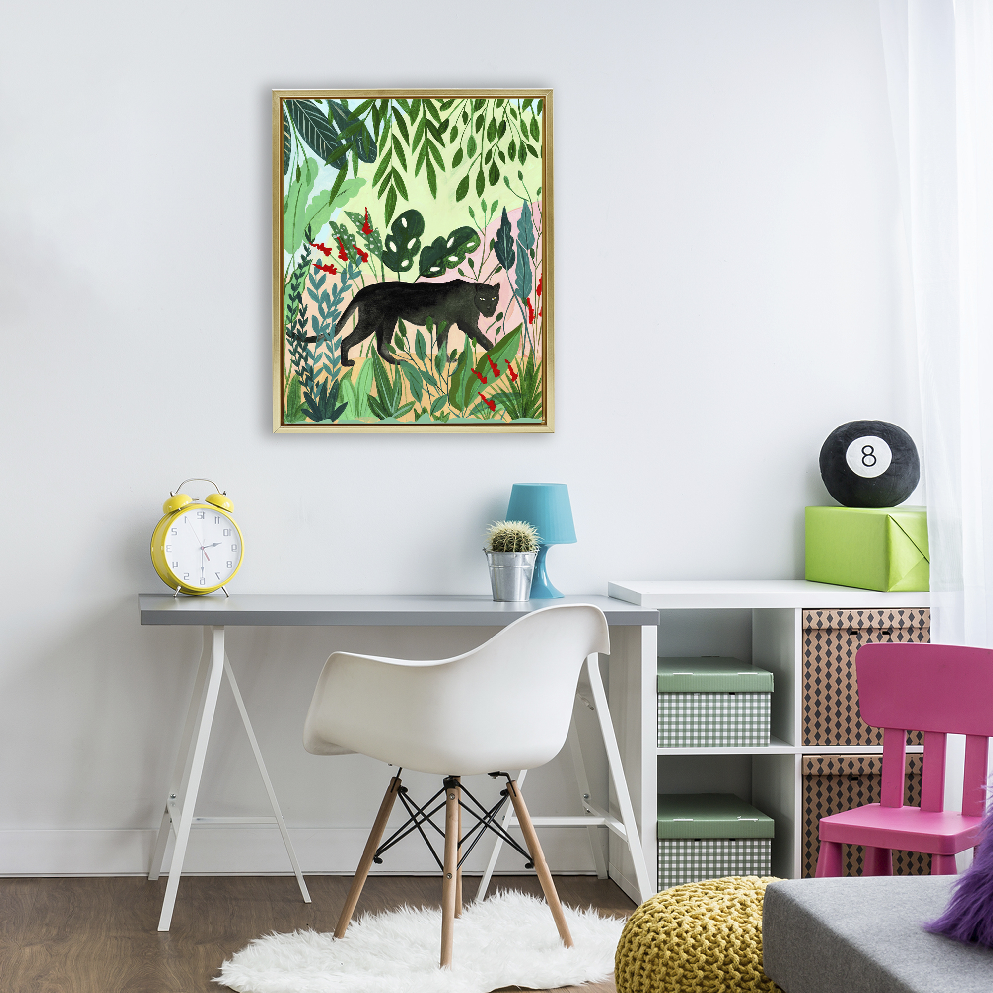 Stoic Panther Tropical Forest Gold Framed Floater Canvas Wall Art, design by Nabeela Rumi