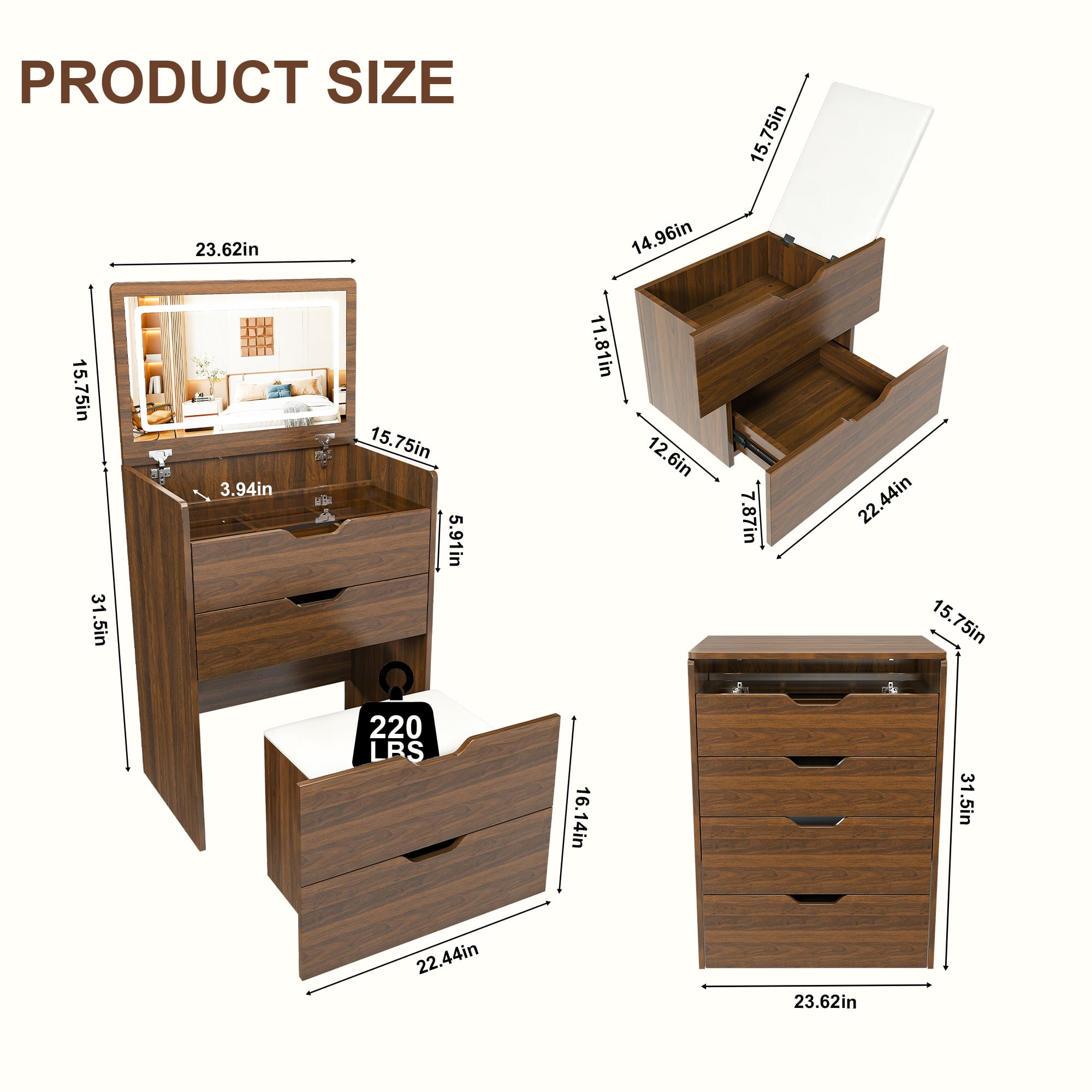 3-in-1 Vanity Desk with Flip Top Lighted Mirror & Storage Stool, Compact Makeup Dressing Table for Bedroom, Bathroom, or Dressing Room (23.L, Walnut)