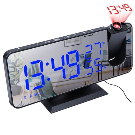 Projection Digital Alarm Clock, Suitable for Bedroom, Radio Alarm Clock, USB Charger Port, Temperature and Humidity Display, 7.5-inch Large Mirror, LED Display, Large Alarm Clock