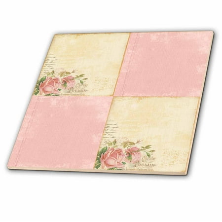 Geometric Vintage Tie - 3dRose Pink Roses Vintage Collage Art - Ceramic Tile, 4-inch