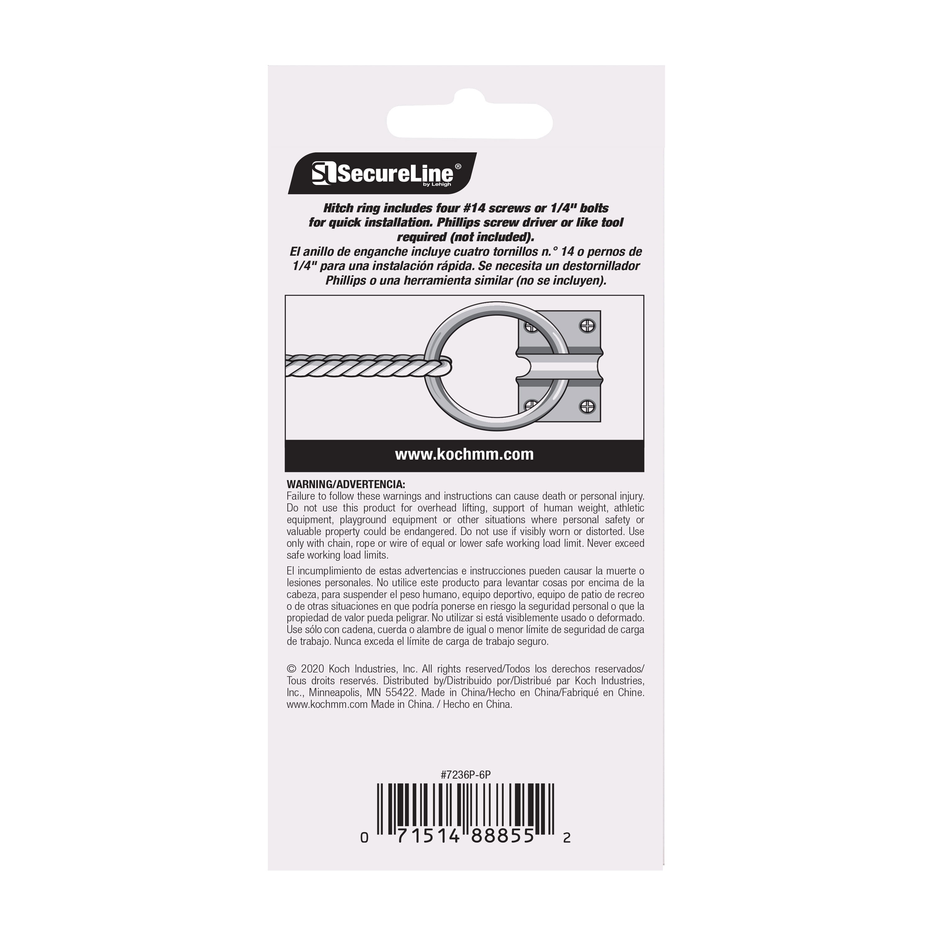 Secureline Item# 7236P-6P, Hitch Ring with Mounting Plate, Zinc Plated Hardware, 2" Inner Diameter, 1 Per Card