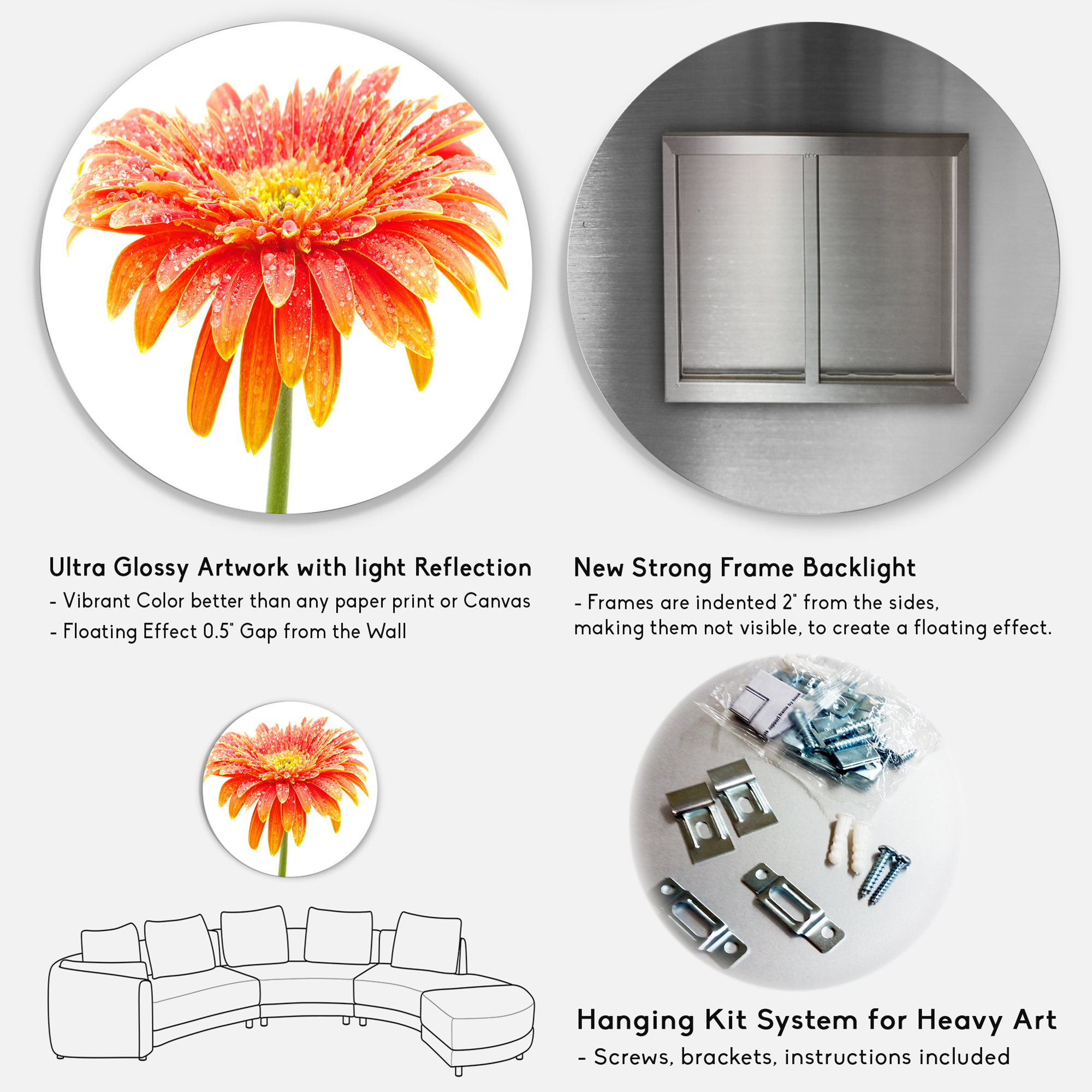 Designart 'Large Orange Gerbera on White' Disc Floral Circle Metal Wall Decor