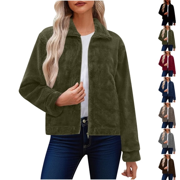 Hueook Jackets for Women Trendy Womens Fleece Jackets Cropped Zipper Turn Down Collar Coats Fall Casual Trendy Outerwear Black 2X
