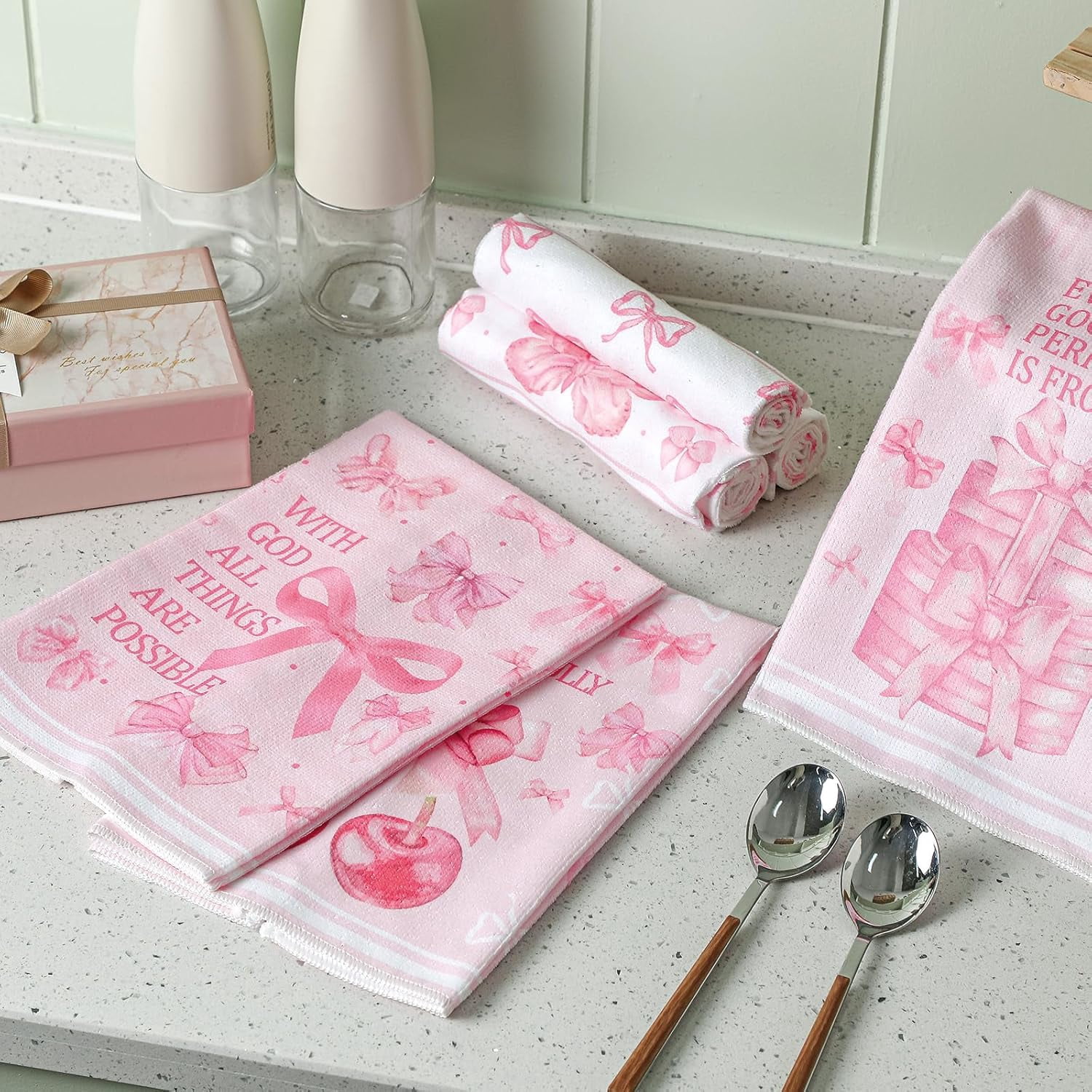 luyaa Set of 6 Daisy Kitchen Towels Spring Floral Gnome Dishtowels Flower Rustic Tea Towels Absorbent Forest Green Hand Wash Cloth 26"x18" for Farmhouse Kitchen Bathroom Housewarming Gift