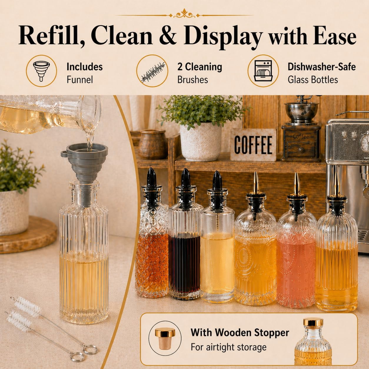 Syrup Dispenser Bottles Set Of 6  Simple Bottle For Coffee Bar Accessories 5oz & 7oz Glass Containers Maple Honey Oil Metal Pour Spouts Labels