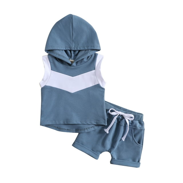 Pudcoco Infant Boys Summer Clothes Outfits Contrast Color Hooded Sleeveless Tank Tops and Solid Color Shorts 2Pcs Suit
