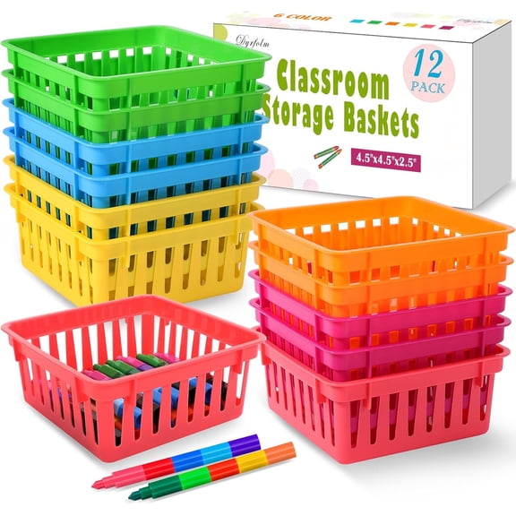 12 Pack Classroom Storage Baskets,Colorful Classroom Storage Bins,Small Plastic Organizer Basket,Crayon Pencil Containers Organizer Bins for Desk,Home,Office(4.5" L x 4.5" W x 2.5" H)