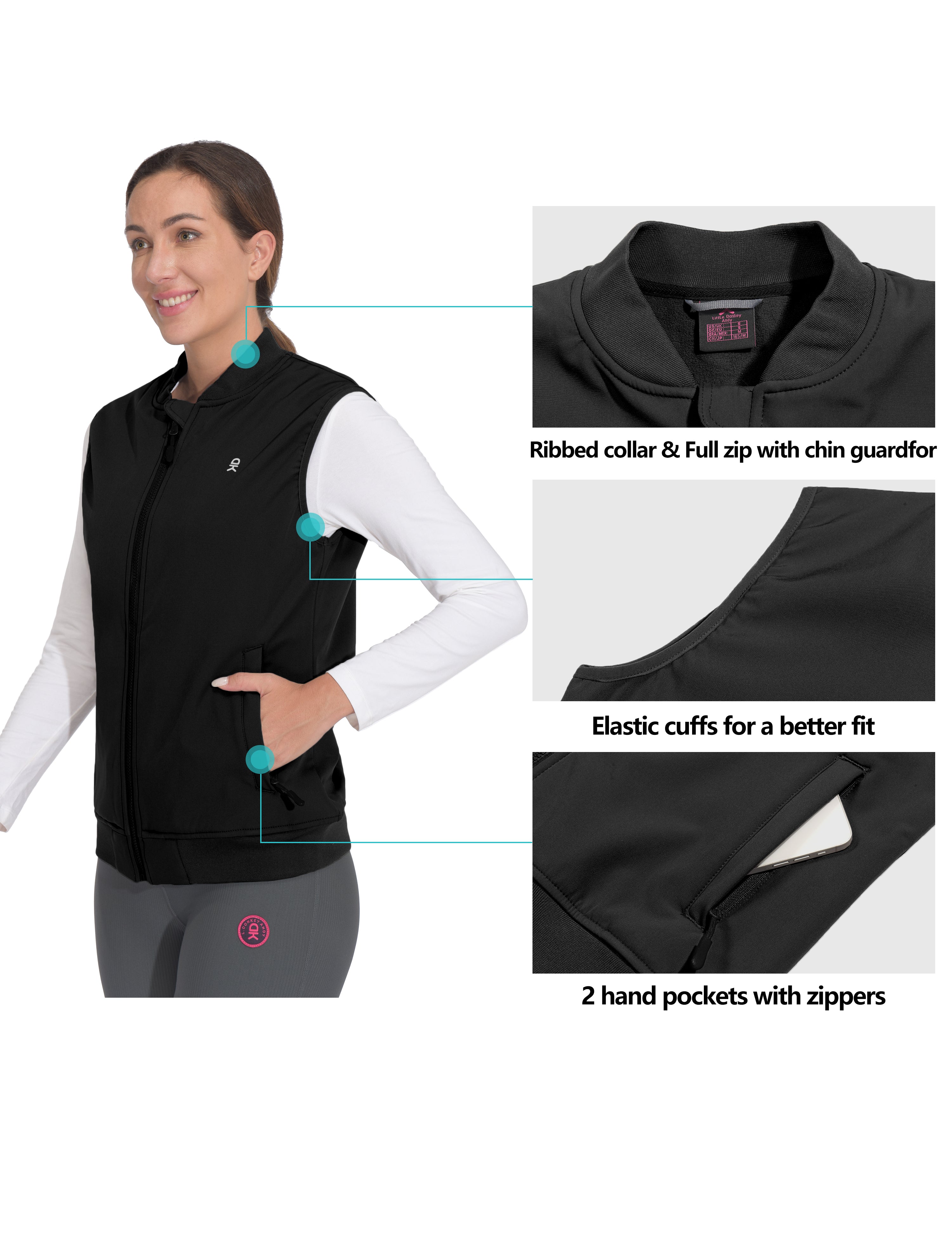 Little Donkey Andy Lightweight Fleece Lined Golf Hiking Vest for Women Waterproof Softshell Running Casual Sleeveless Jacket Black XS