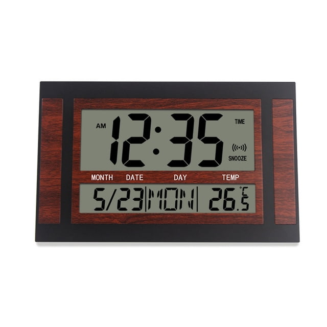 Kenally Reloj de pared digital LCD Número de pantalla grande Calendario Alarma Relojes de escritorio Termómetro de campana silenciosa para Artesanía Grano de madera oscura