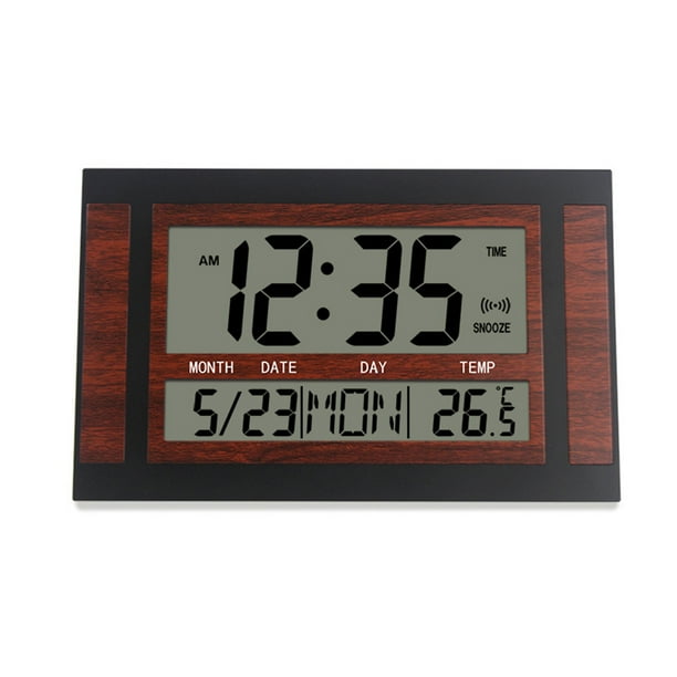 Scienceny Reloj de pared digital LCD Gran tiempo Temperatura Calendario Alarma Escritorio Preciso Termómetro silencioso para oficina Hogar Artesanía Grano de madera oscura