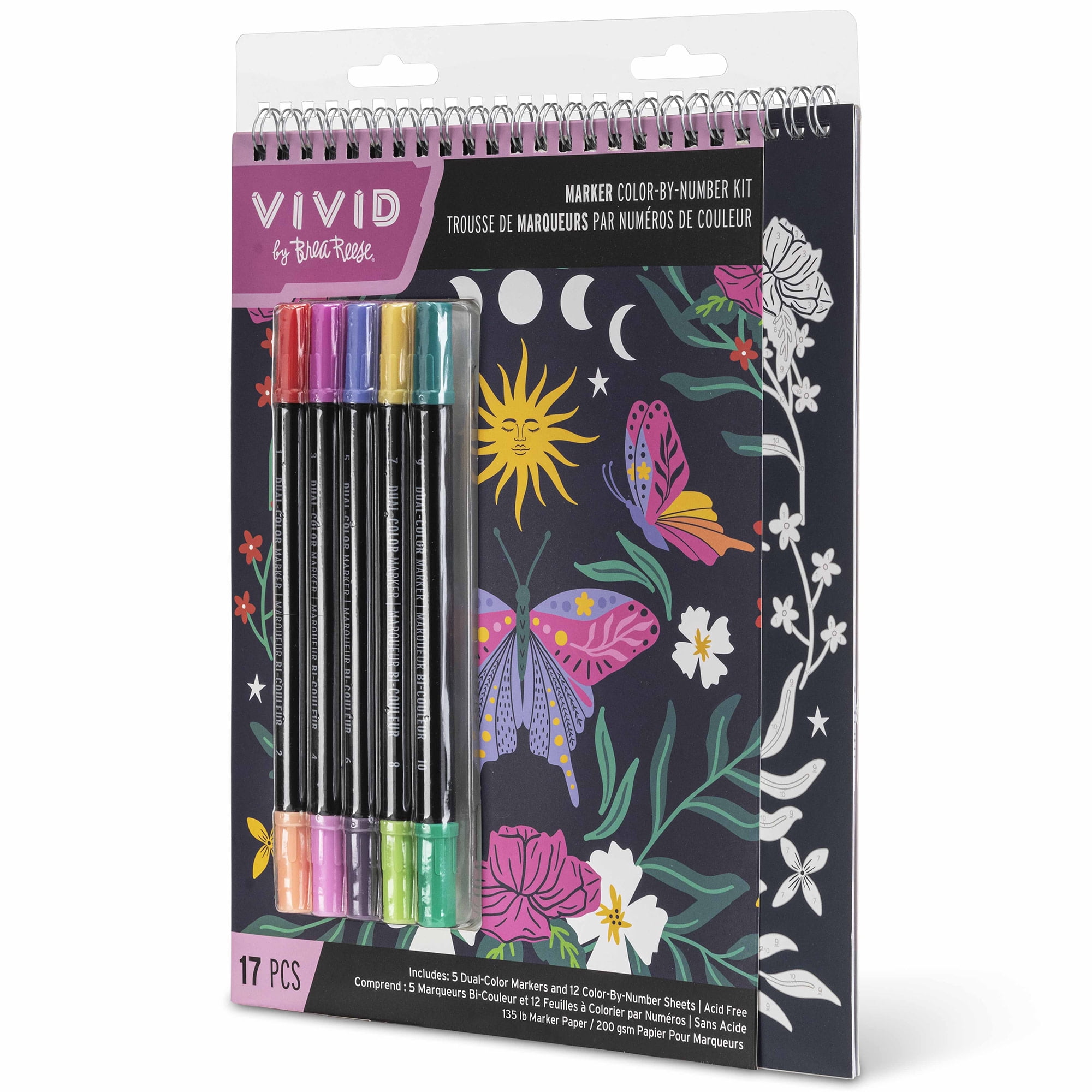 Vivid by Brea Reese: Marker Color-By-Number Kit - Whimsical Botanicals - 5 Dual-Sided Markers, 12 Coloring Pages, Nature-Animal Theme, Spiral Art Pad