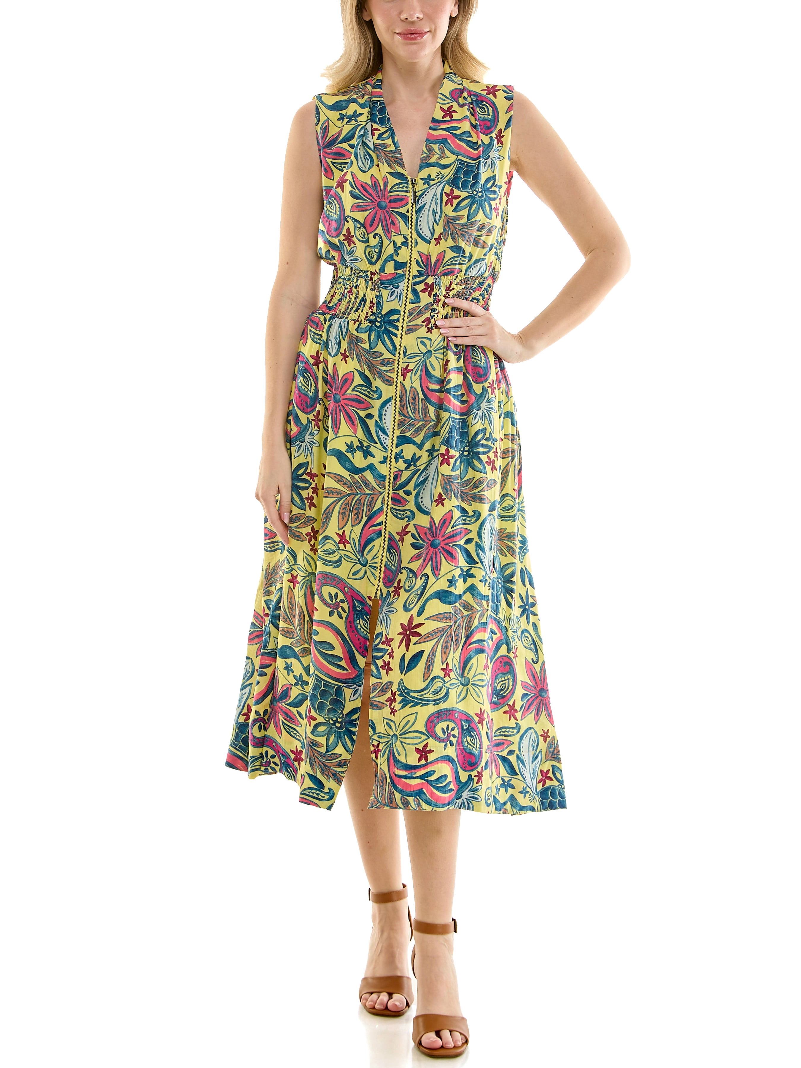 Sleeveless, V-Neck, smocked empire waist, zip front, fit & flare, midi dress in soft crinkle fabric,S-XL