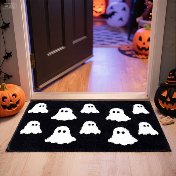 MInHoues 35x23 Inch Cute Ghost Halloween Welcome Door Mat, Non Slip Washable Spooky Fall Indoor Rug, Soft Absorbent Bathroom Front Door Bedroom Kitchen Holiday Decor Mat
