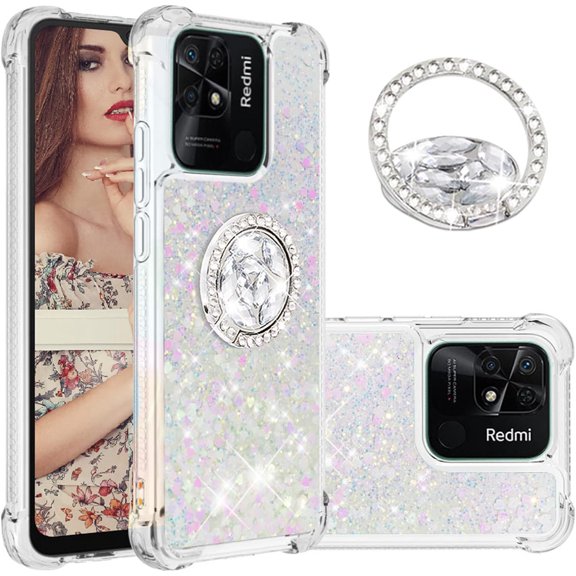 Glitter Clear Sparkly Bling Xiaomi Redmi 10C Case for Women, Flowing Liquid Quicksand Cover with Diamond Ring Holder Case for Xiaomi Redmi 10C Colorful