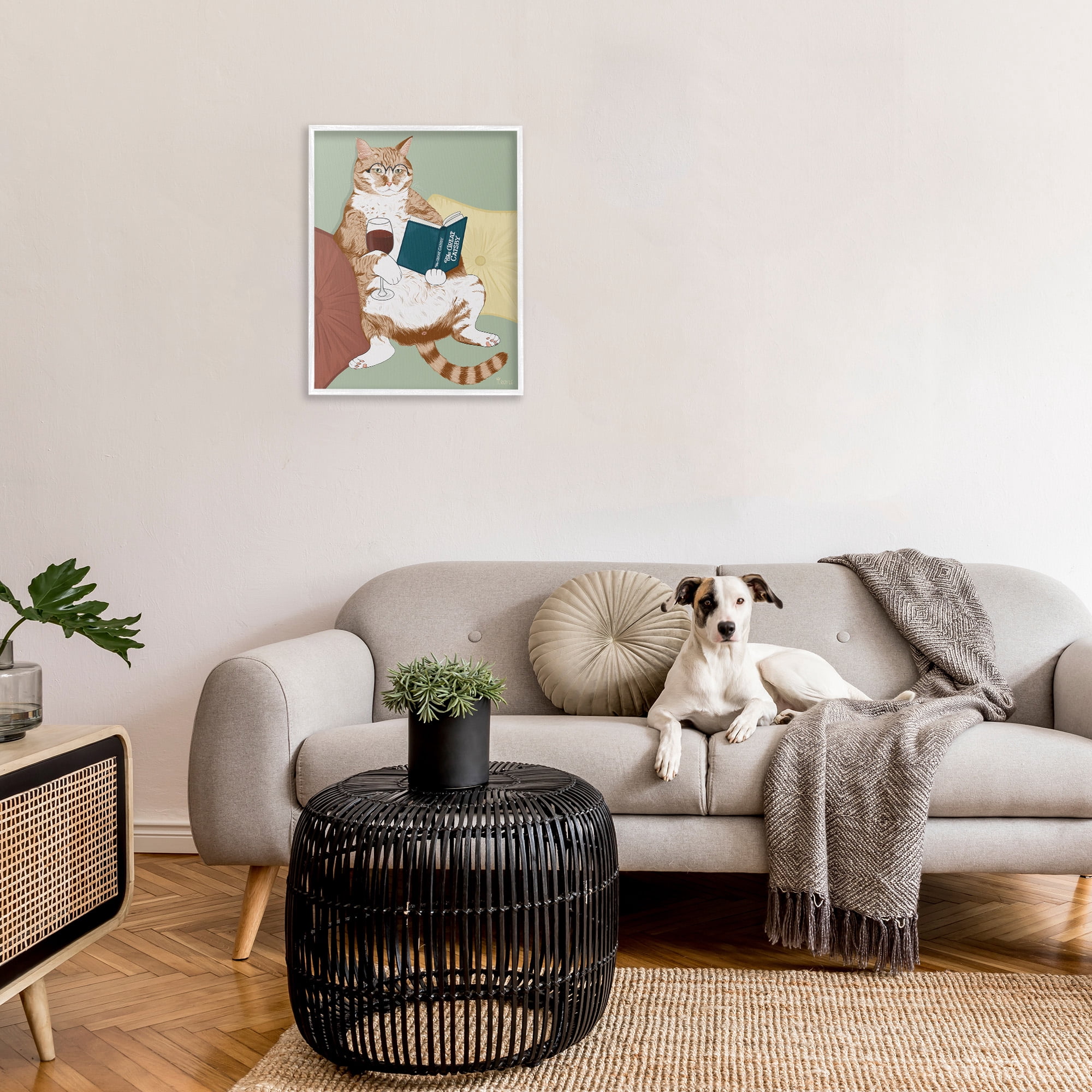 Stupell Industries Cat Reading with Wine Animals & Insects Painting White Framed Art Print Wall Art, 24 x 30