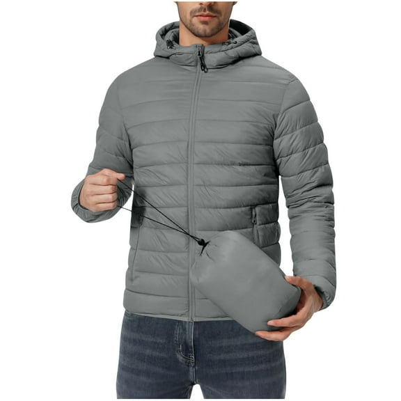Full-Zip Puffer Jackets Mens Packable Waterproof Windproof Lightweight Hooded Raincoat Quilted Puffy Winter Coat (XL, Gray)