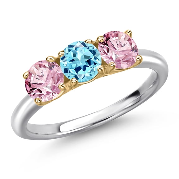 Gem Stone King 10K Two Tone Gold Blue Apatite and Pink Lab Grown Diamond Engagement Ring for Women | 1.50 Cttw | Round 5MM | Gemstone Birthstone | Size 8