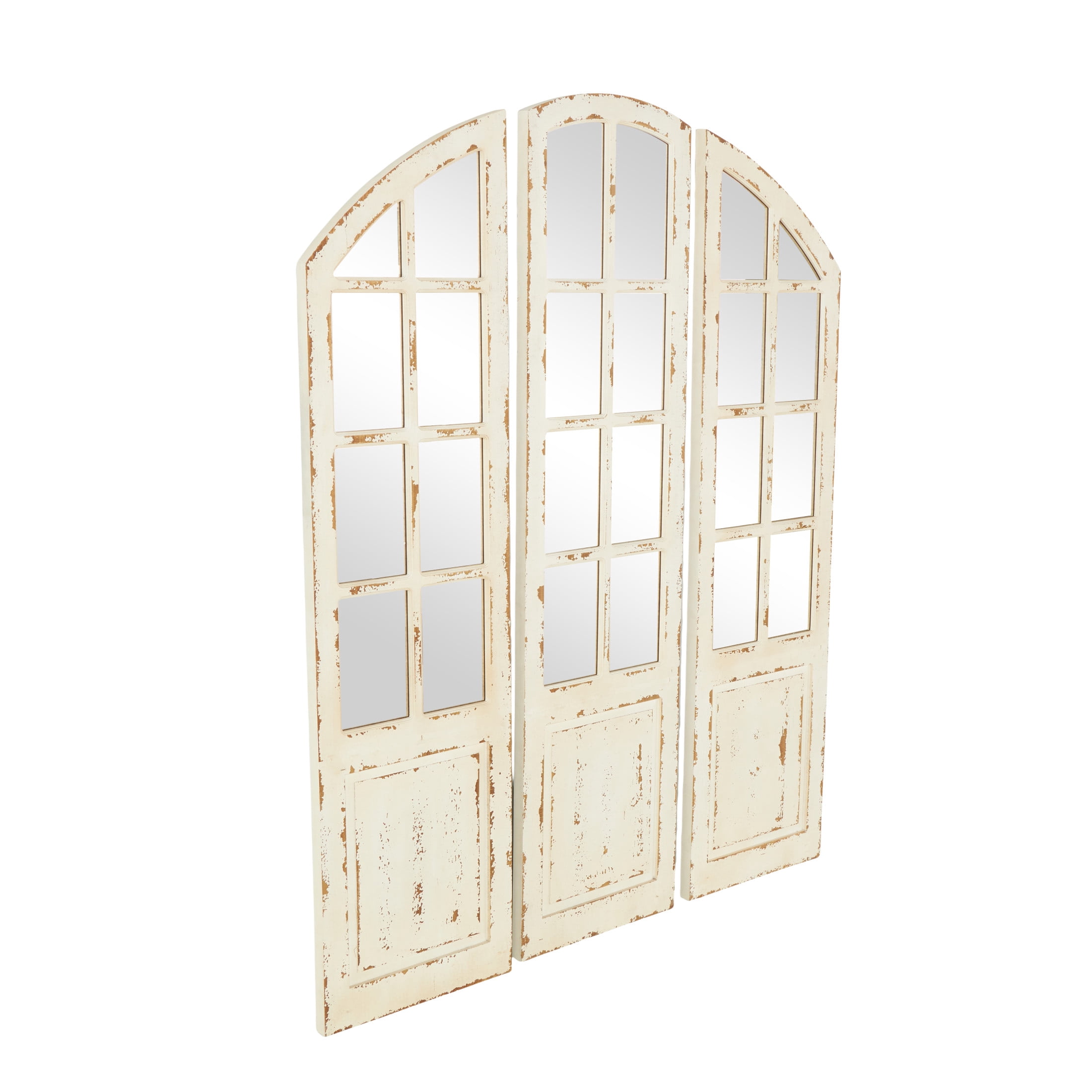 DecMode 60", 59", 59"H White Window Pane Inspired Wall Mirror with Arched Top and Distressing, Set of 3