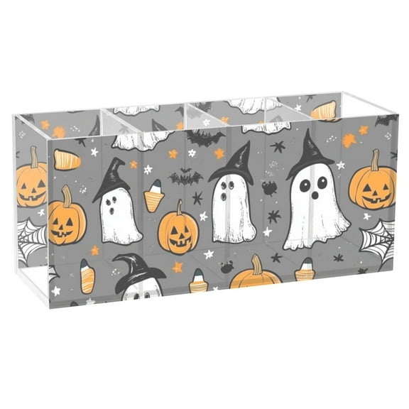 Pen Holder 4 Compartments Acrylic Pencil Cup Desktop Makeup Organizer Office Supplies Cute Ghost Pumpkin Star