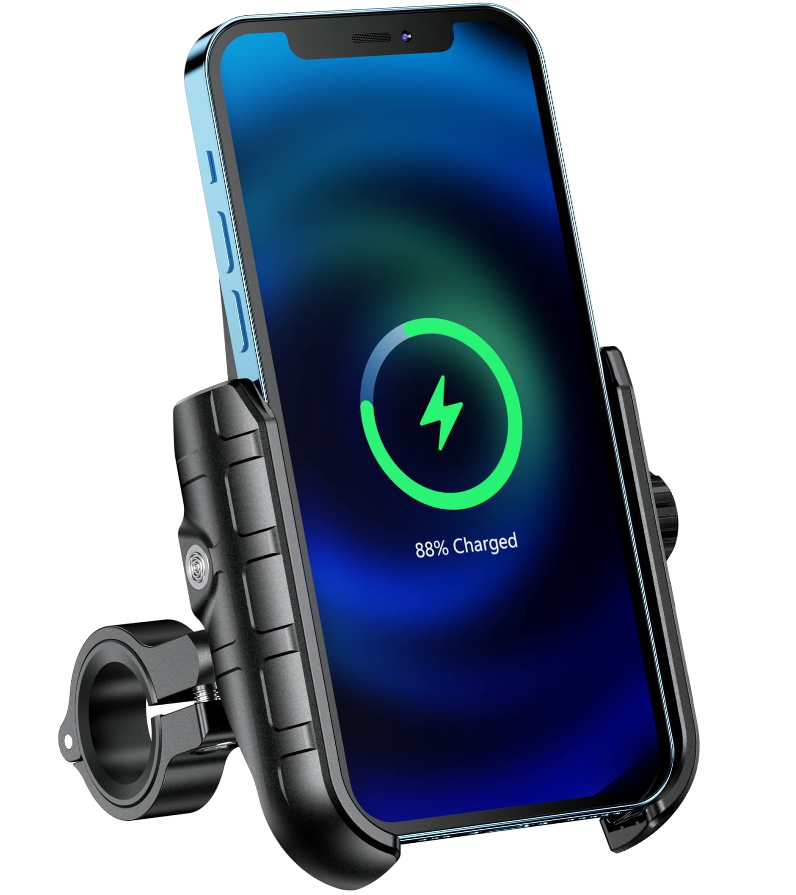 FU1999 Motorcycle Phone Mount with Qi 15W Wireless Charger & USB C 20W Fast Charging Port, Waterproof Motorcycle Cellphone Holder Cradle with Aluminum Alloy Handlebar Mounting Base for 4"-8" Phones