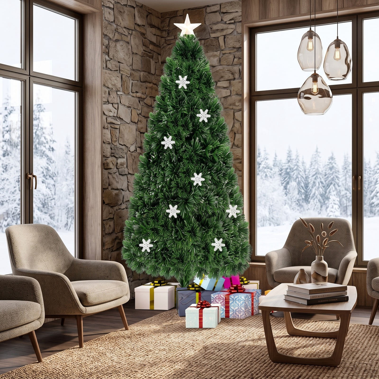 RUIE Pre-Lit Artificial Christmas Tree, 5 FT LED Optic Xmas Tree with 21 Color-Changing Lights and 170 PVC Tips, Metal Stand for Indoor Holiday Home Office, Green