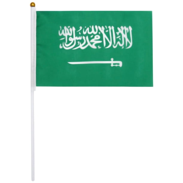 Bandera Arabia Saudita Desfiles SAminiFlag 25Pzas Arabia Saudita 14x21cm Tela Poliéster Asta Plástico.