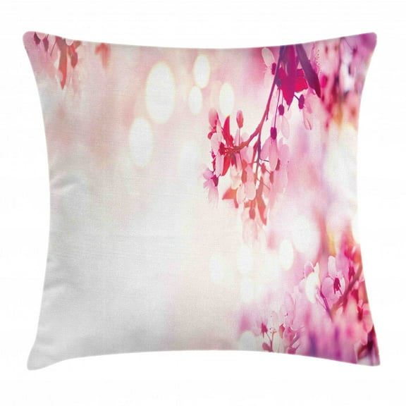 Almond Blossom Throw Pillow Cushion Cover, Composition of Japanese Spring Trees with Bokeh Dots Background Oriental, Decorative Square Accent Pillow Case, 24" X 24", Multicolor, by Ambesonne