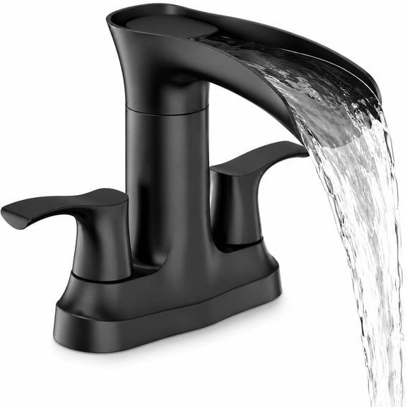 Matte‑Black 1‑Hole Waterfall Bathroom Sink Faucet, Dual‑Handle Centerset Tap with Pop‑Up Drain