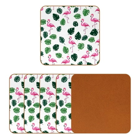 

YZUOUZY Coasters Coffee Table Decor Pack of 6 Square Bar Coasters Pink Flamingos Green Palm Leaves